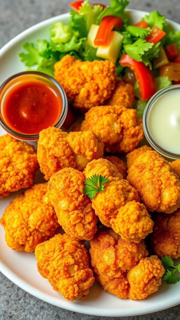 Crispy Corn Flake Chicken Recipe Crispy corn flake chicken served with dipping sauces and a fresh salad.